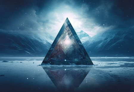 Futuristic abstract background, 3d illustration, with a stone pyramid in space.