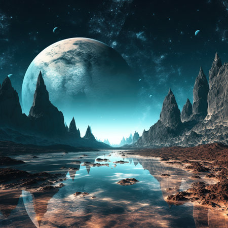 Alien Planet - 3D Rendered Computer Artwork. Rocks and waterの写真素材