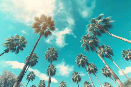 Tropical palm trees on blue sky background. Retro toned
