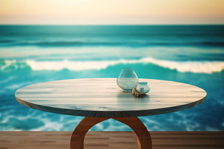 Wooden Table Top And Terrace Of The Blur Nature Backgroundの写真素材