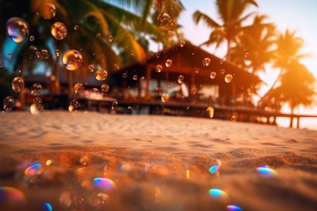 Soap bubbles on the sand with palm trees in the background.の写真素材