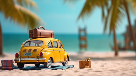 Vintage car with suitcase on the beach. Travel and vacation conceptの写真素材