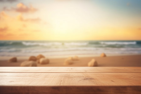 Wooden table top on blurred beach background - can be used for display or montage your productsの写真素材