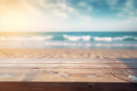 Wood table top on blur beach background - can be used for display or montage your productsの写真素材
