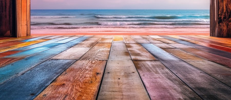Wooden floor on the beach with sea and sky background at duskの写真素材