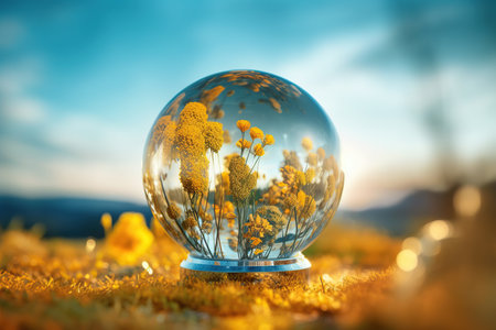Crystal ball with wildflowers on grass. 3d rendering.の写真素材