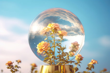 Transparent crystal ball with rose flowers on blue sky background. 3d renderingの写真素材