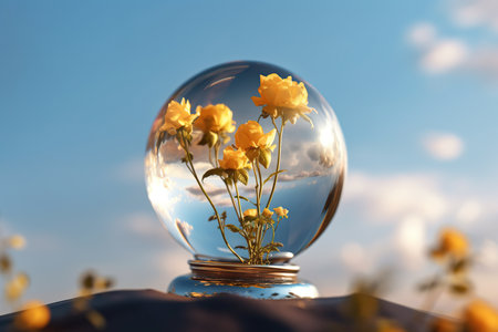 Crystal ball with yellow roses on blue sky background. 3d renderの写真素材