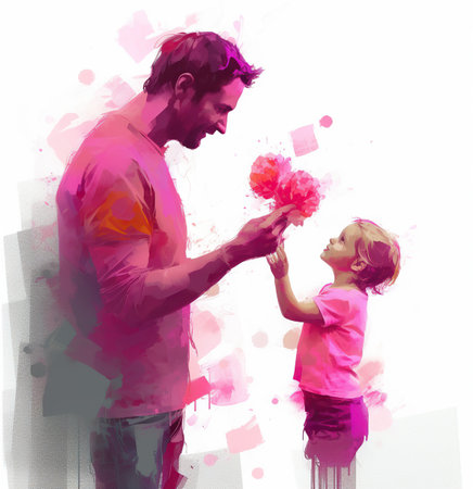 Father and daughter playing with watercolor splashes. Vector illustration.の写真素材