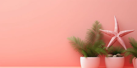 3d render of starfish and palm tree on pink wall backgroundの写真素材