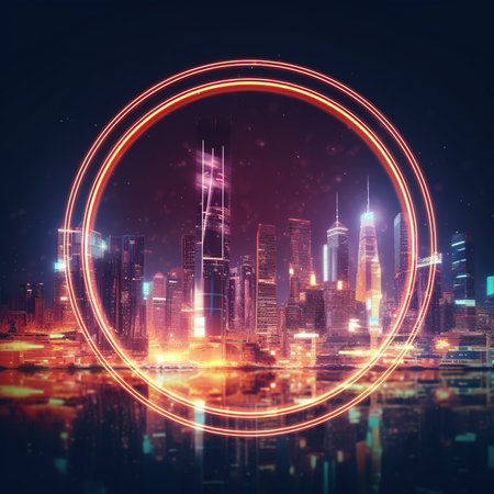 Abstract glowing circle on modern city background. Technology concept. Double exposureの写真素材