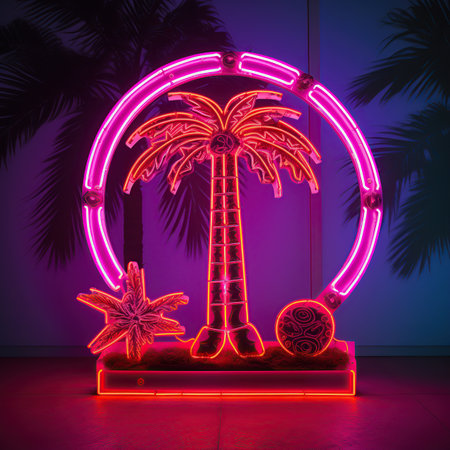 Neon palm tree on background of palm trees, 3d illustrationの写真素材