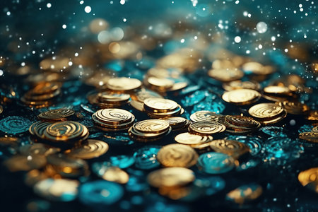 Gold coins on a blue background with bokeh and stars.の素材