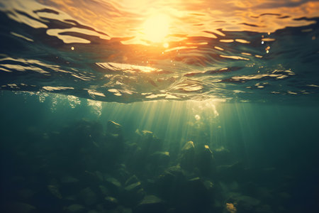 Underwater view of sunbeams in the sea. Underwater background.の素材