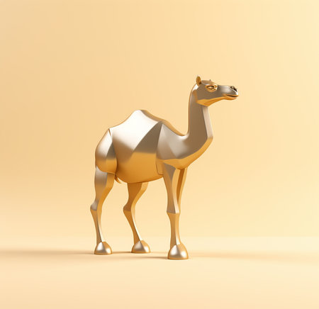 3d rendering of a golden camel standing on a beige backgroundの写真素材