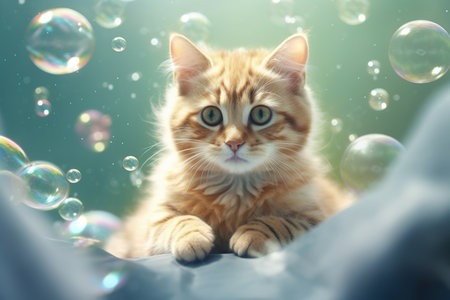Cute ginger kitten with soap bubbles on green background. Fluffy petの写真素材