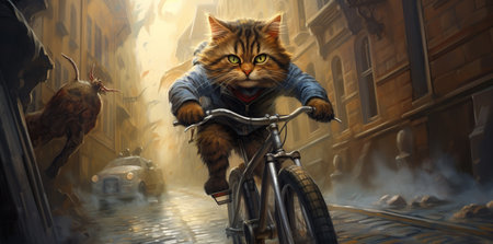 Angry Cat riding a bicycle illustration energetic lookの写真素材