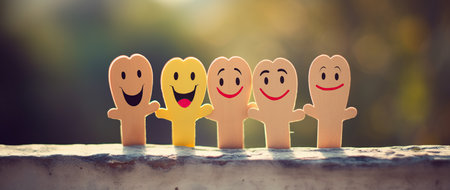 Happy group of wooden people with smiley faces on wood background.の写真素材