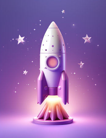 Space rocket with stars on purple background. 3d vector illustration.の写真素材