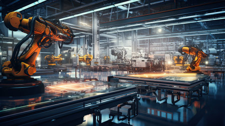 Smart industry robot arms for digital factory production technology showing automation manufacturing...