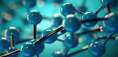 3d rendering of molecules in blue background. Science and medical background