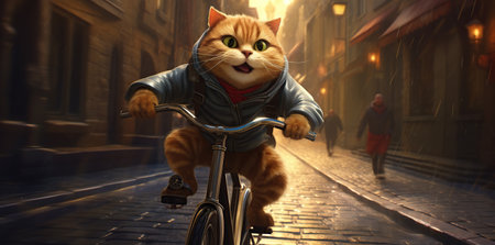 Cat riding a bicycle illustration energetic lookの写真素材