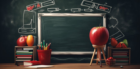 Back to school concept with red apple and chalkboard. 3D Renderingの写真素材
