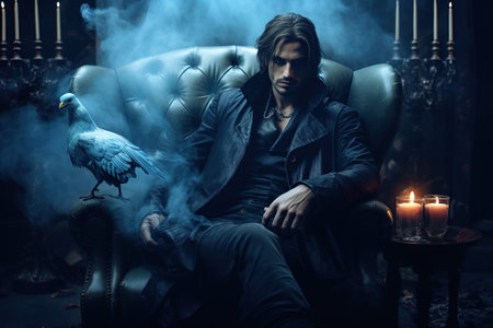 Portrait of a man in a leather jacket with a blue bird in his hand. Men's beauty, fashion.