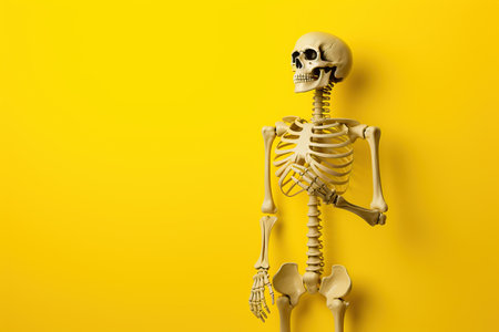 Human skeleton isolated on yellow background. Halloween concept. Copy space.の写真素材