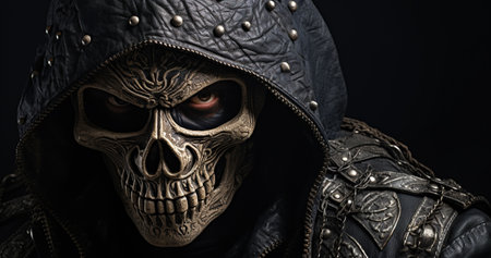 Halloween, horror, fantasy and people concept - close up of spooky skeleton in leather armorの写真素材