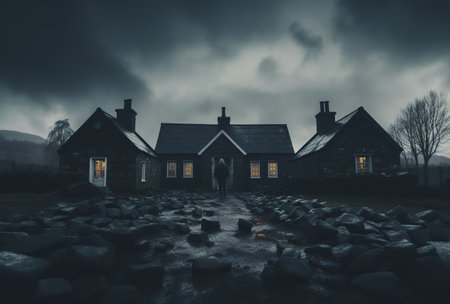 Houses in Scotland, UK. Dark moody landscape with fog.の写真素材