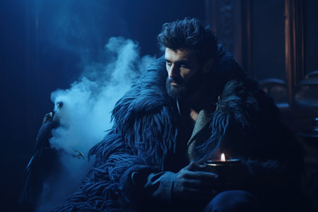 Handsome man in a blue fur coat with a burning candle in his hands
