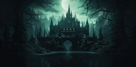 Halloween background with haunted castle and moon, 3d render illustration