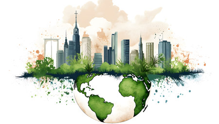 Ecology concept with the image of the planet Earth and the cityの写真素材