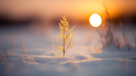 Winter landscape with a frozen grass on the background of the setting sunの写真素材