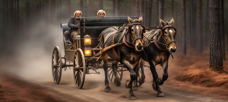 Old couple with a horse drawn carriage in the forest. 3D renderingの写真素材