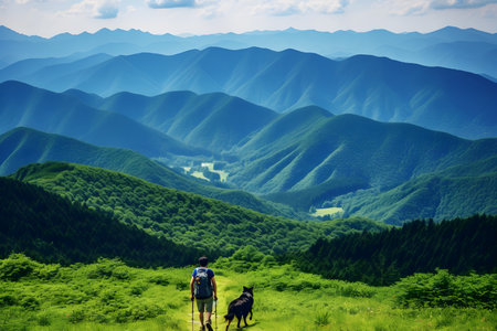 Landscape of the mountains with a man and a dog in the foregroundの写真素材