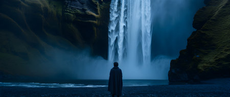 Man standing in front of Seljalandsfoss waterfall in Icelandの写真素材