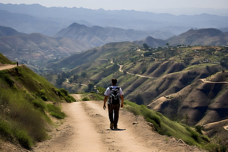 A man walking on a dirt road in the middle of the mountains