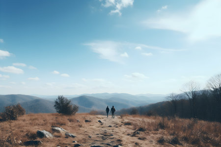 A man and a woman are walking on the road in the mountains.