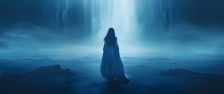 Mystical scene with a woman in a long dress, 3d renderの写真素材