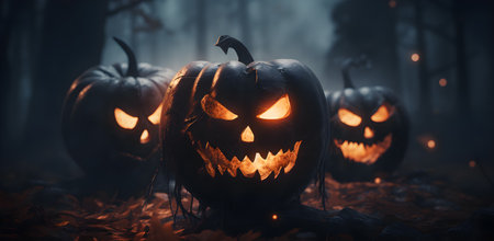 Halloween pumpkins with scary faces in misty dark forest.の素材