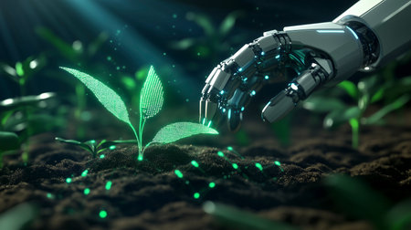 This captivating image showcases a metallic robotic hand interacting with a small, digitally enhanced plant. The plant appears to be holographic, formed by glowing green dots that add a futuristic touch to the scene. Set in a natural environment with soil and other plants in the background, the image beautifully symbolizes the intersection of technology and nature. The advanced design of the robotic hand and the innovative appearance of the plant suggest themes of artificial intelligence, biotechnology, and sustainable technology. Ideal for use in technology-themed projects, nature and innovation visuals, and digital art, this high-quality image perfectly captures the harmony between the natural world and technological advancements. Suitable for web banners, mobile app designs, and digital illustrations, this image will add a touch of futurism and ecological innovation to any project.の写真素材