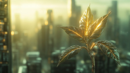 This captivating image features a plant with glowing, metallic leaves in the foreground, set against a backdrop of a futuristic cityscape. The plant's leaves are illuminated with golden light, creating a striking contrast with the blurred, modern buildings in the background. The scene is bathed in a warm, ethereal light, giving it a surreal and almost otherworldly atmosphere. The juxtaposition of natural elements with a high-tech urban environment suggests themes of nature coexisting with or adapting to advanced technology. Ideal for use in science fiction-themed projects, futuristic nature visuals, and digital art, this high-quality image beautifully captures the harmony between natural and technological elements. Suitable for web banners, mobile app designs, and digital illustrations, this image will add a touch of futuristic wonder and serenity to any project.の写真素材