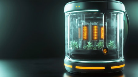 This image depicts a futuristic cryogenic chamber designed for storing and preserving genetically enhanced plants. The chamber features a sleek, modern design with a transparent enclosure showcasing the lush, thriving plants inside. The chamber utilizes advanced technology, including specialized lighting and climate control systems, to maintain optimal conditions for the plants. This innovative solution could have applications in areas like sustainable indoor farming, space exploration, and long-term preservation of rare or valuable plant speciesの写真素材