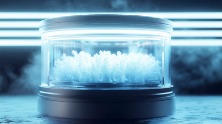 This image depicts a futuristic cryogenic preservation chamber with a stunning frozen cloud formation inside. The transparent enclosure showcases the intricate, crystalline structure of the cloud, which appears to be suspended in a state of frozen animation. The chamber's advanced technology and precise climate control systems have enabled the creation of this mesmerizing, otherworldly display. This innovative solution could have applications in areas such as long-term storage, environmental research, and the preservation of delicate or rare atmospheric phenomena.の写真素材