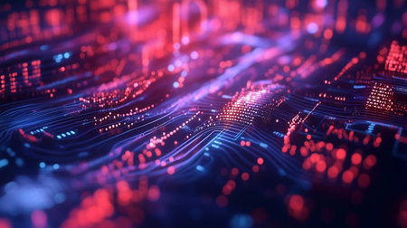 This captivating image presents a highly stylized and abstract representation of a digital or electronic circuit board. The scene is filled with intricate patterns of glowing lines and dots, primarily in shades of red and blue, which resemble the pathways and connections found in a computer motherboard or integrated circuit. The glowing elements create a sense of depth and complexity, suggesting the flow of data or electrical signals through the circuitry. This image visually captures the essence of modern technology and digital communication, highlighting the intricate and interconnected nature of electronic systems. Ideal for use in technology-themed projects, digital art, and modern tech visuals, this high-quality digital artwork is perfect for web banners, mobile app designs, and digital illustrations, adding a touch of futuristic sophistication to any project.の写真素材