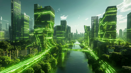 This captivating image depicts a futuristic, sustainable city powered by advanced biotechnology. The towering skyscrapers and infrastructure are illuminated by a mesmerizing, neon-green glow, creating an otherworldly and visually striking landscape.



The city appears to be integrated seamlessly with the natural environment, with lush greenery and waterways winding through the urban landscape. This integration suggests a harmonious balance between technology and nature, where sustainable practices and renewable energy sources power the city's operations.の写真素材