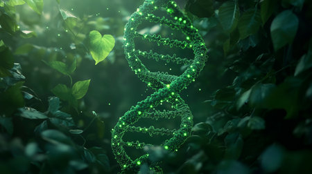 This captivating image showcases a glowing green DNA double helix structure, surrounded by lush green leaves in a natural, forest-like environment. The DNA strand is composed of small, luminous particles, giving it a vibrant and almost magical appearance. The detailed leaves create a serene and natural backdrop, highlighting the fundamental connection between genetics and nature. This high-quality digital artwork is perfect for use in science-themed projects, genetic research visuals, and nature-inspired designs. Ideal for web banners, mobile app designs, and digital illustrations, this image beautifully captures the essence of the genetic foundation of all living organisms.の写真素材