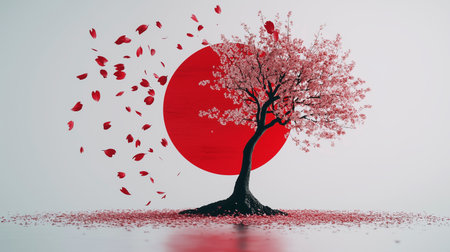 This captivating image showcases the Japanese flag with a red circle in the center, surrounded by...